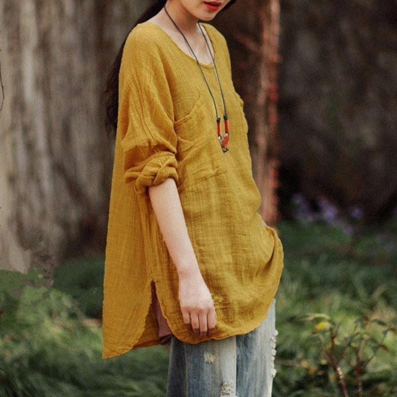 Camicetta da Donna Oversize in Cotone e Lino a Manica Lunga con Vestibilità Casual e Tasche Frontali