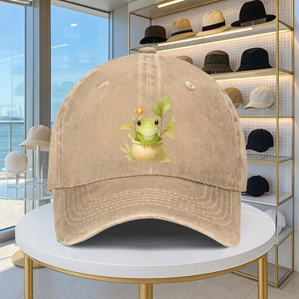 Cute Cartoon Frog Print Washed Denim Baseball Cap Adjustable Casual Sun Hat