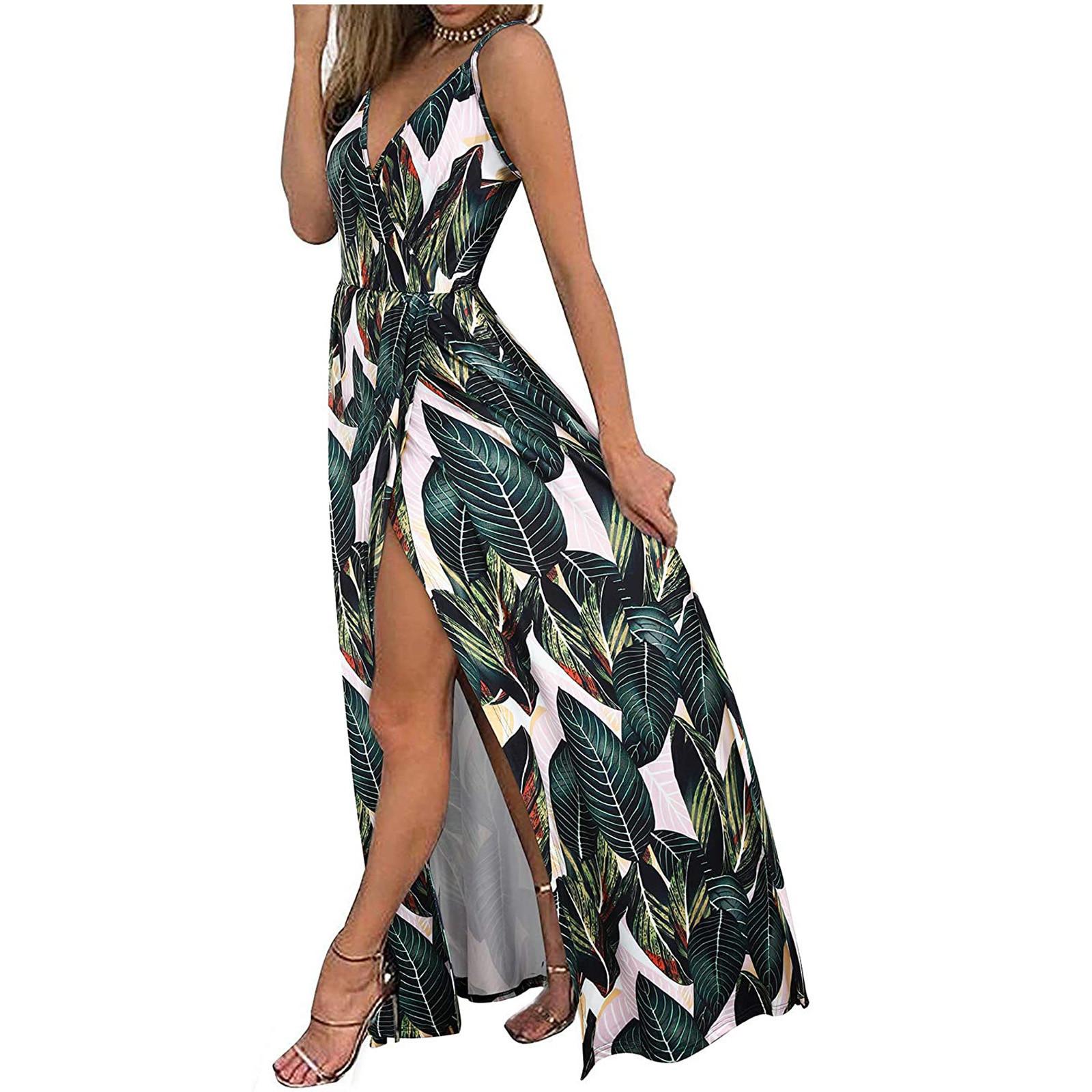 

Женское модное сексуальное платье на бретельках без рукавов с v-образным вырезом и открытой спиной с принтом и разрезом XXL зелёный