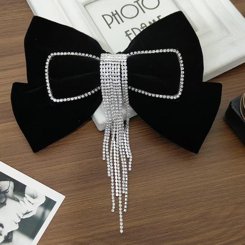 Korean Velvet Rhinestone Bow Tassel Hair Clip for Brides