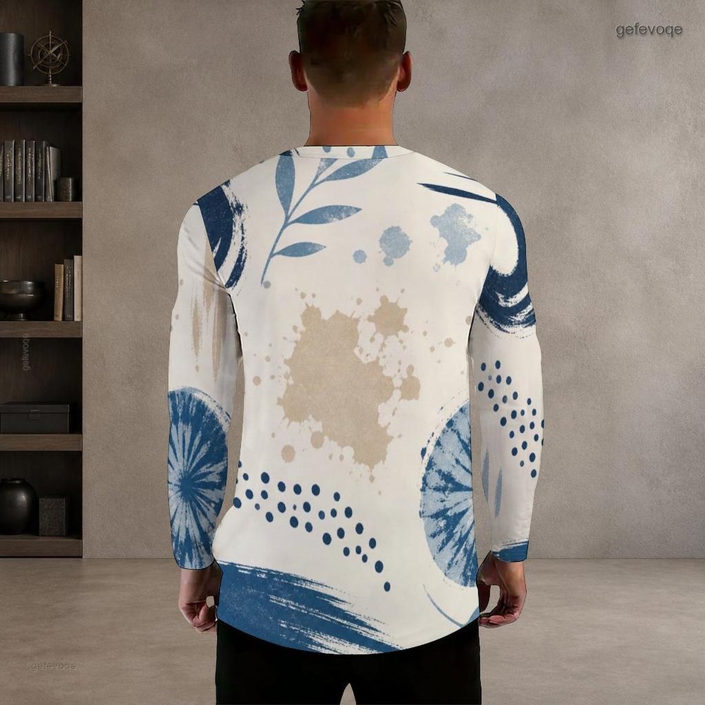Men Plus Size Round Neck Long Sleeve Printed T Shirt White Blue Khaki Casual Pullover Straight Hem