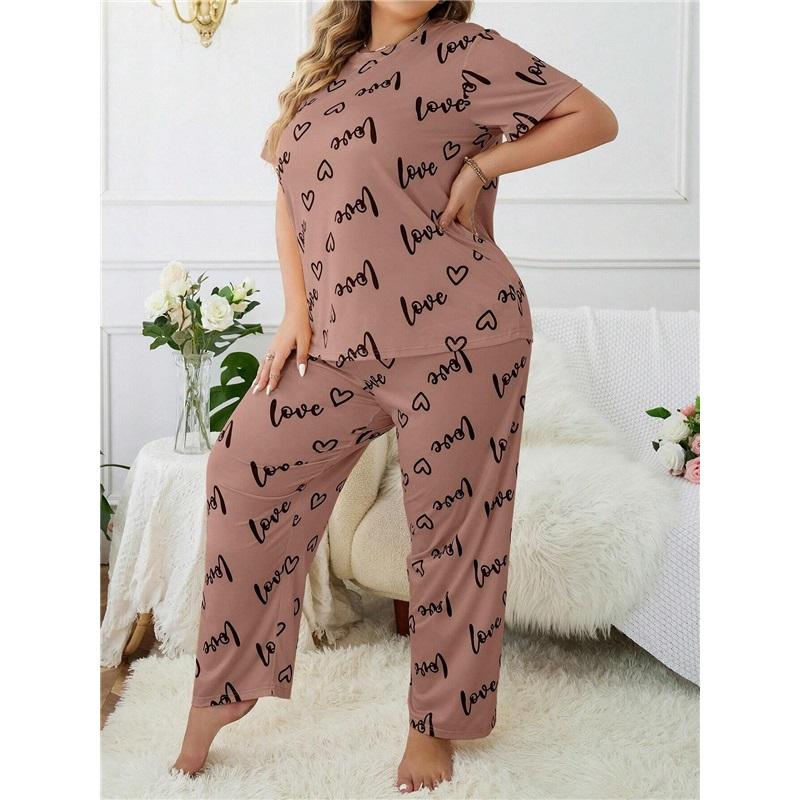 Large Love Love Printed Short Sleeve Pajama Set Loose And Comfortable Two Piece Home Clothes Set