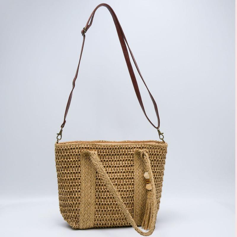 One Shoulder Crossbody Straw Woven Bag Fringed Handmade Zipper Woven Bag Large Capacity Seaside Vacation Beach Tote Bag Women