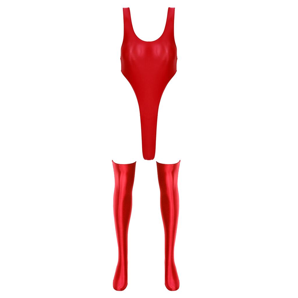 Women's Shiny Glossy Bodystocking Sleeveless Bodysuit Catsuit Bodycon Dress with Stockings