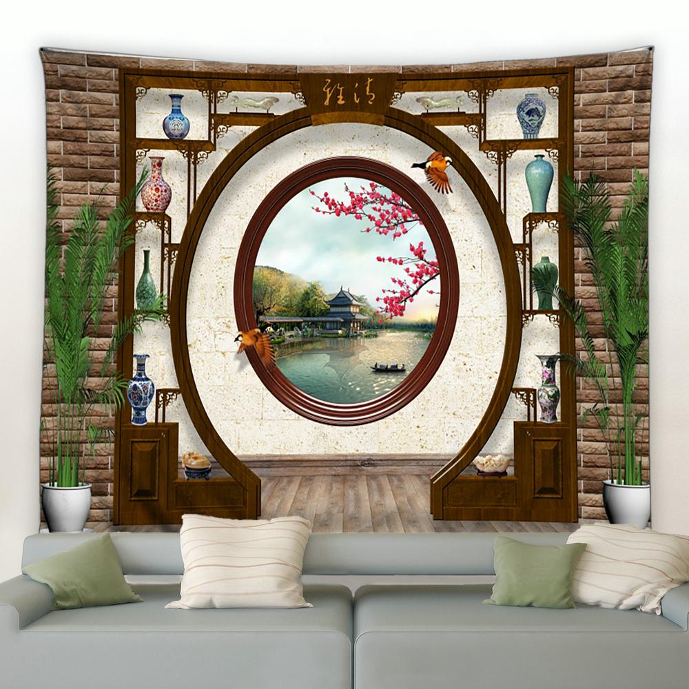 Chinesische Natur Landschaft Tapisserie Vintage Stil 3D Bögen Grün Bambus Wandbehang Tapisserie Hintergrund Dekoration Home Dekoration