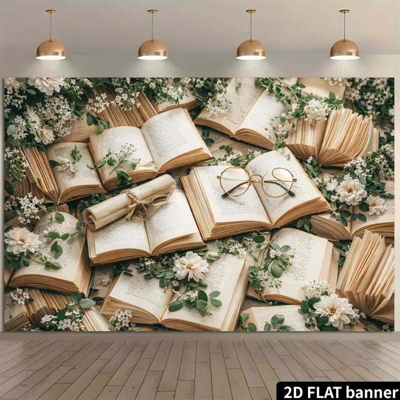 2D Vintage Open Book & Floral Wall Tapestry, Aesthetic Reading Nook Backdrop for Home Decor