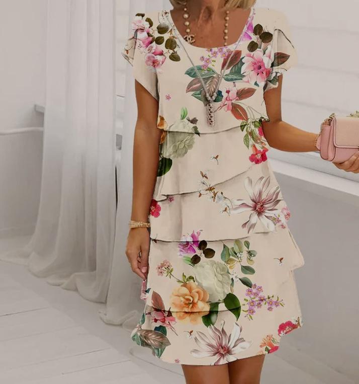 2025 Summer Women's Short Sleeve Tiered Chiffon Dress - European & American Style