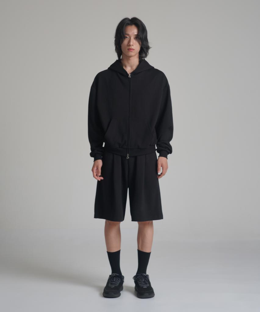 Noming Loose Fit Cropped Easy 2-Way Zip-Up Hoodie - Black