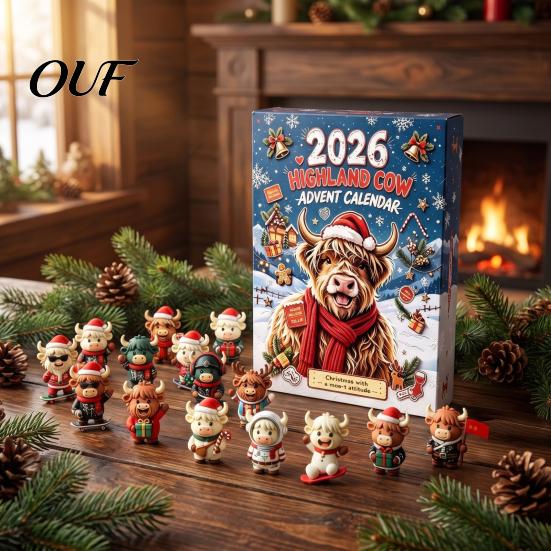 New Year Gift Sets 24 Days 3D Highland Cow Advent Calendar 2026, Christmas Countdown Festive Box with Cute Farm Cattle Mini Figurines for Holiday Desk