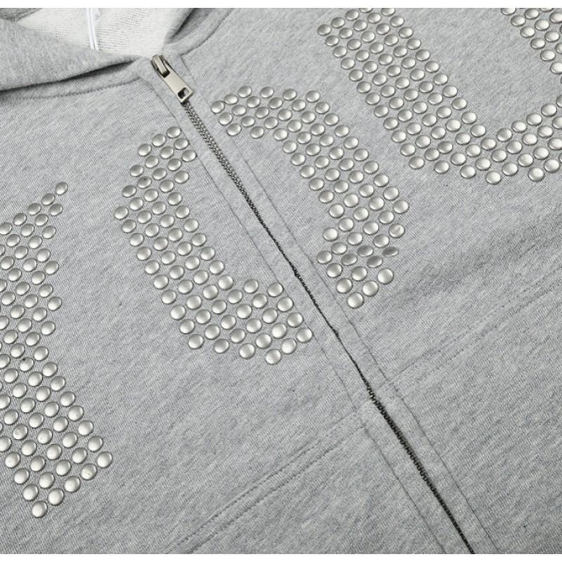 American Vintage Cropped Hooded Sweatshirt Men Casual Zip-Up Jacket With Rivets Loose Fit Teens