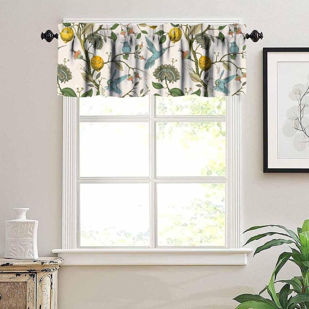 Retro Lemon Kitchen Valance, Summer Blue Birds Lemon Tree Nature Botanical Plants Flowers Hummingbird Spring Print Short Blackout Window Curtain for