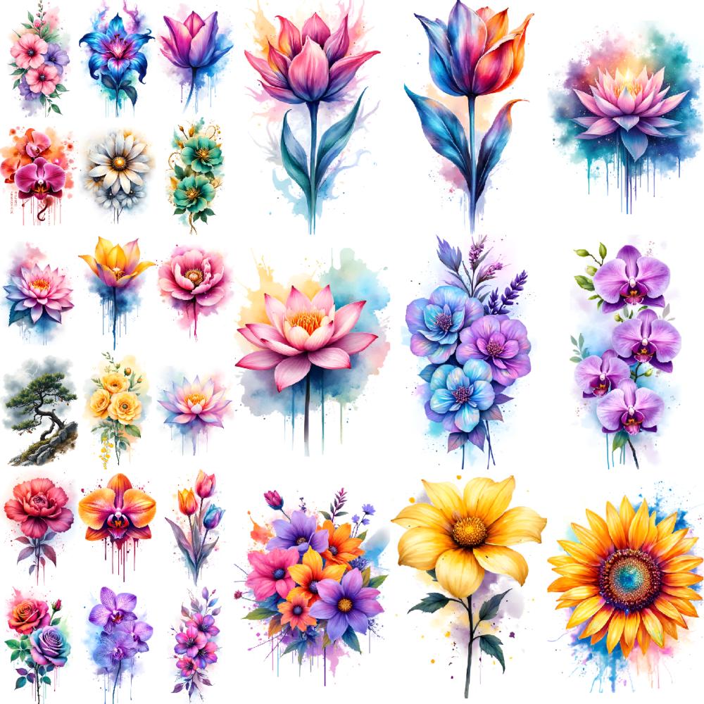 9pcs Temporary Tattoo Waterproof Long-lasting Body Stickers Daisy Sunflower Orchid For Cheeks Shoulders Children