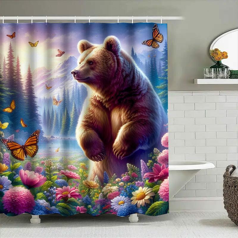 Fantasy Forest Shower Curtain Printed Polyester Waterproof Home Decor Wildlife Bears Butterflies Garden Scene Dimensions: W72 X