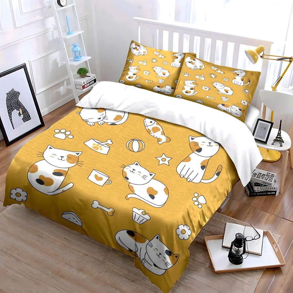 Cute Cats with Items Illustration Print Bedding Set 1 Duvet Cover 2 Pillowcases for Adult and Children Luxury Gift Full Size