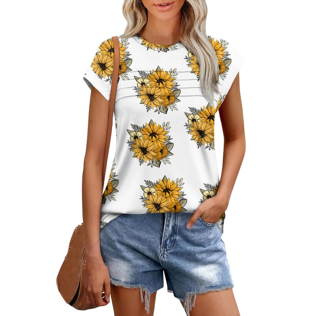 Damenmode Lässig Kurzarm Basic Textur Floral Rundhals T-Shirt Kappenärmel Top