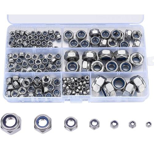 

TAORAYO 165-Piece Hex Lock Nuts, Nylon Nuts, M3-M12, Nylon Insert Self-Locking, 304 Stainless Steel, Hex Head Lock Nuts, Replacement Parts for Bicycle