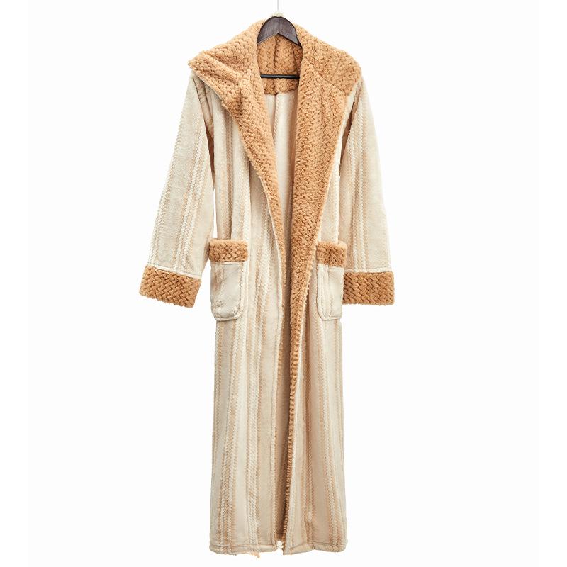 Cozy Couple Jacquard Fleece Long Robe - Hooded Autumn/Winter Bathrobe for Men & Women