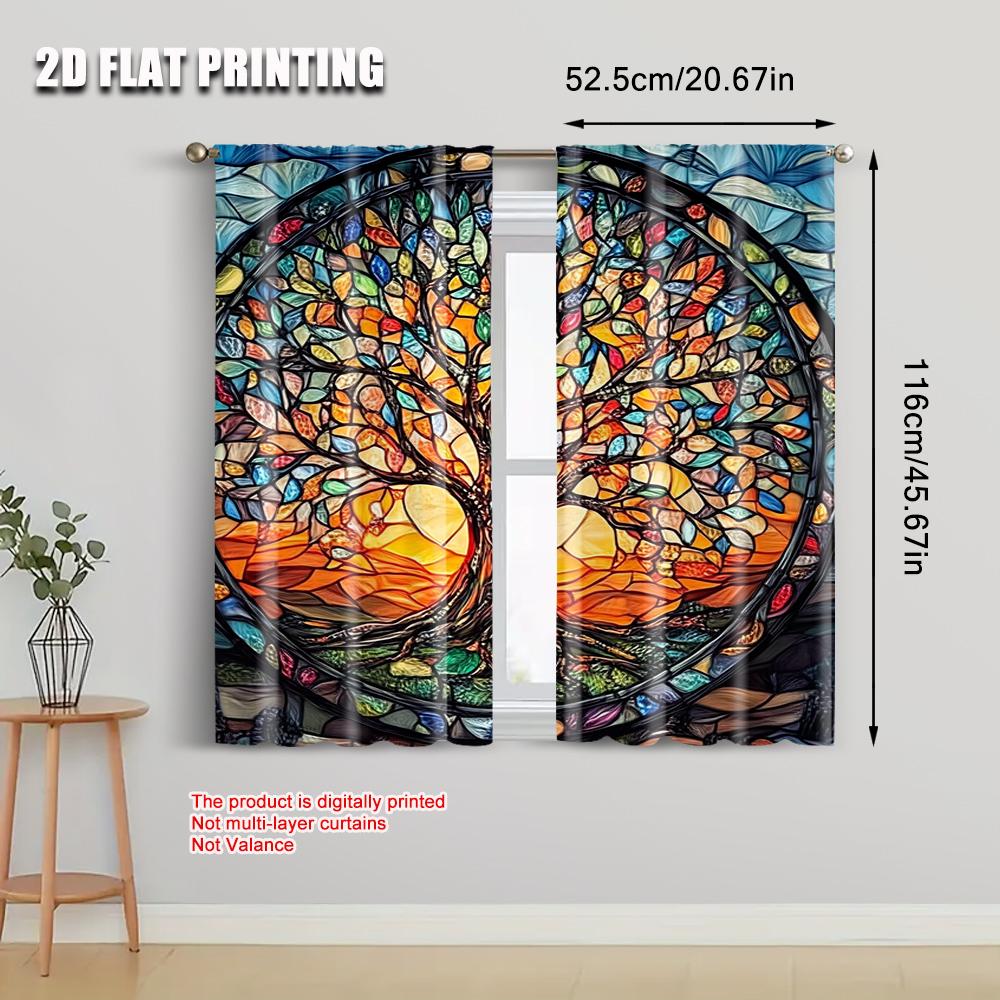 Flat Printing Curtain Stained Glass Tree Life Polyester Without Electricity Festive Wall Decor Home Party Curtains Set Of 2 Made