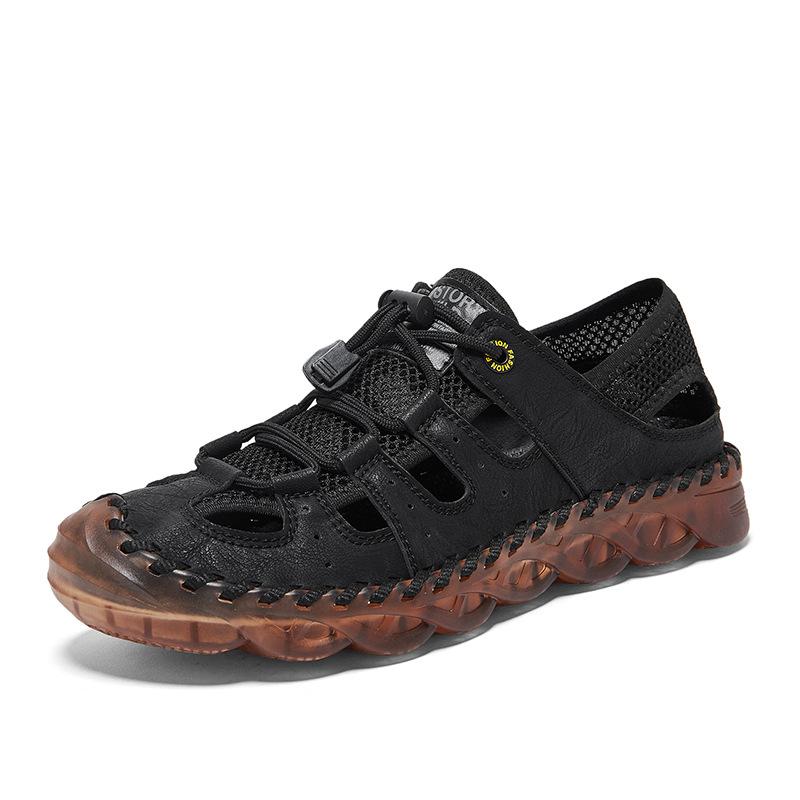 

Hand-stitched men s shoes outdoor casual shoes buckle versatile leather shoes summer low-top large-size cross-breathable mesh shoes men 38 чорний