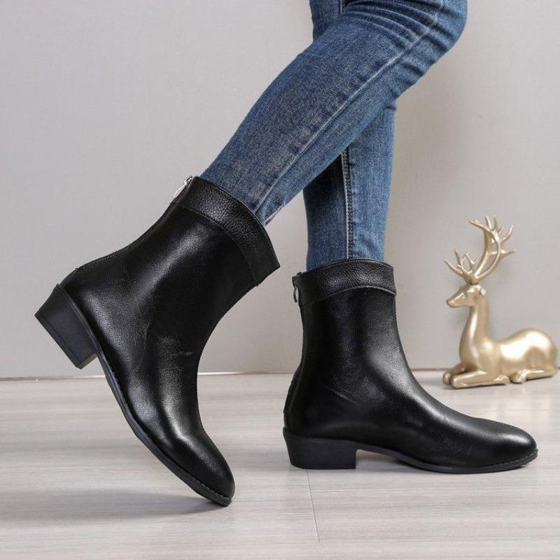 Coarse Heel Pointed Martin Boots Women's Autumn and Winter New Large Size Rear Zipper Middle Heel Short Boots