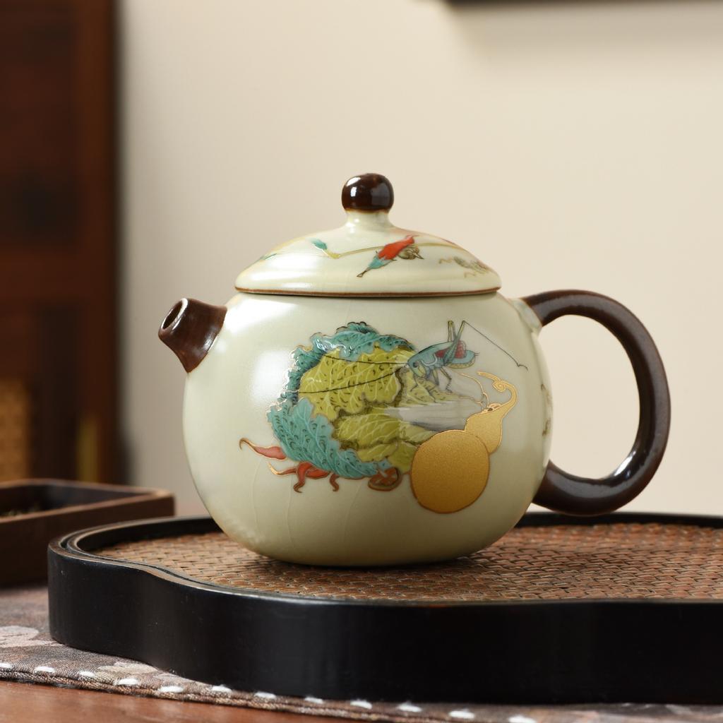 Ru kiln yellow exquisite teapot cover bowl single pot high-end tea brewer household ceramic teapot tea set Xishi pot series