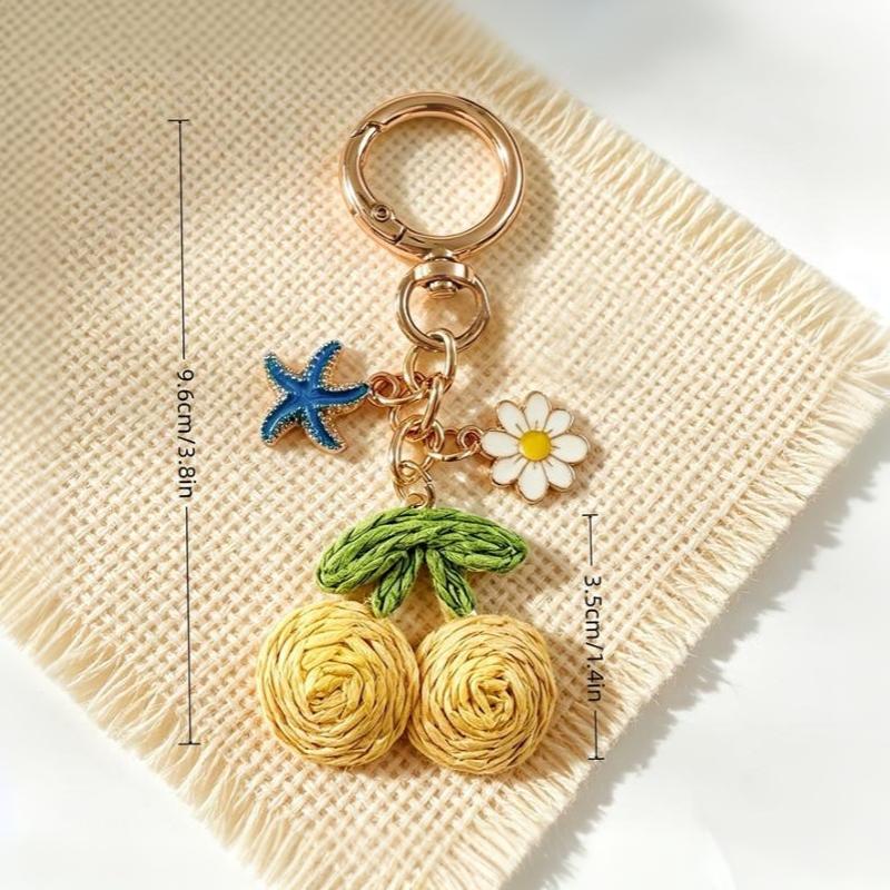 Handwoven Cherry And Starfish Pendant Women'S Beach Bag Decor Keyring Vacation Bohemian Keychain Jewelry Accessories