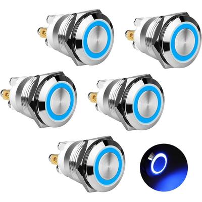 19mm Momentary Push Button Switch, 12V Waterproof SPST Metal Switch with Blue LED Light for Car Marine Boat, 5Pcs