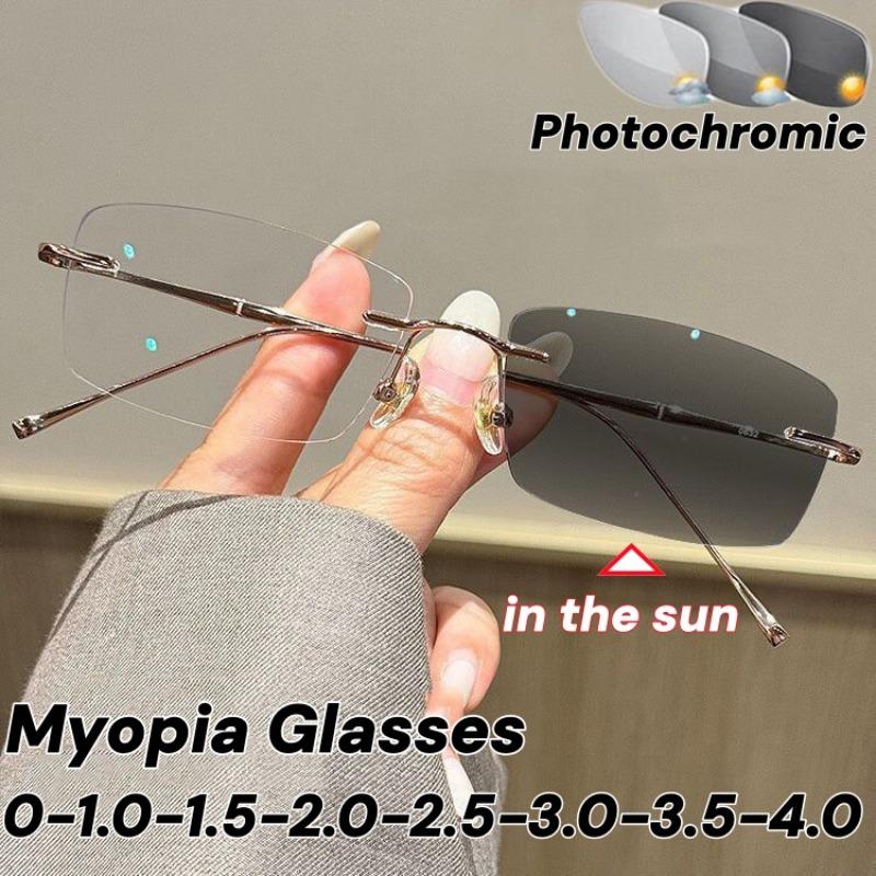 Women Business Style Photochromic Myopia Glasses Unisex Classic Frameless Square Frame Ultralight Anti Blue Light Eyeglasses-4.0
