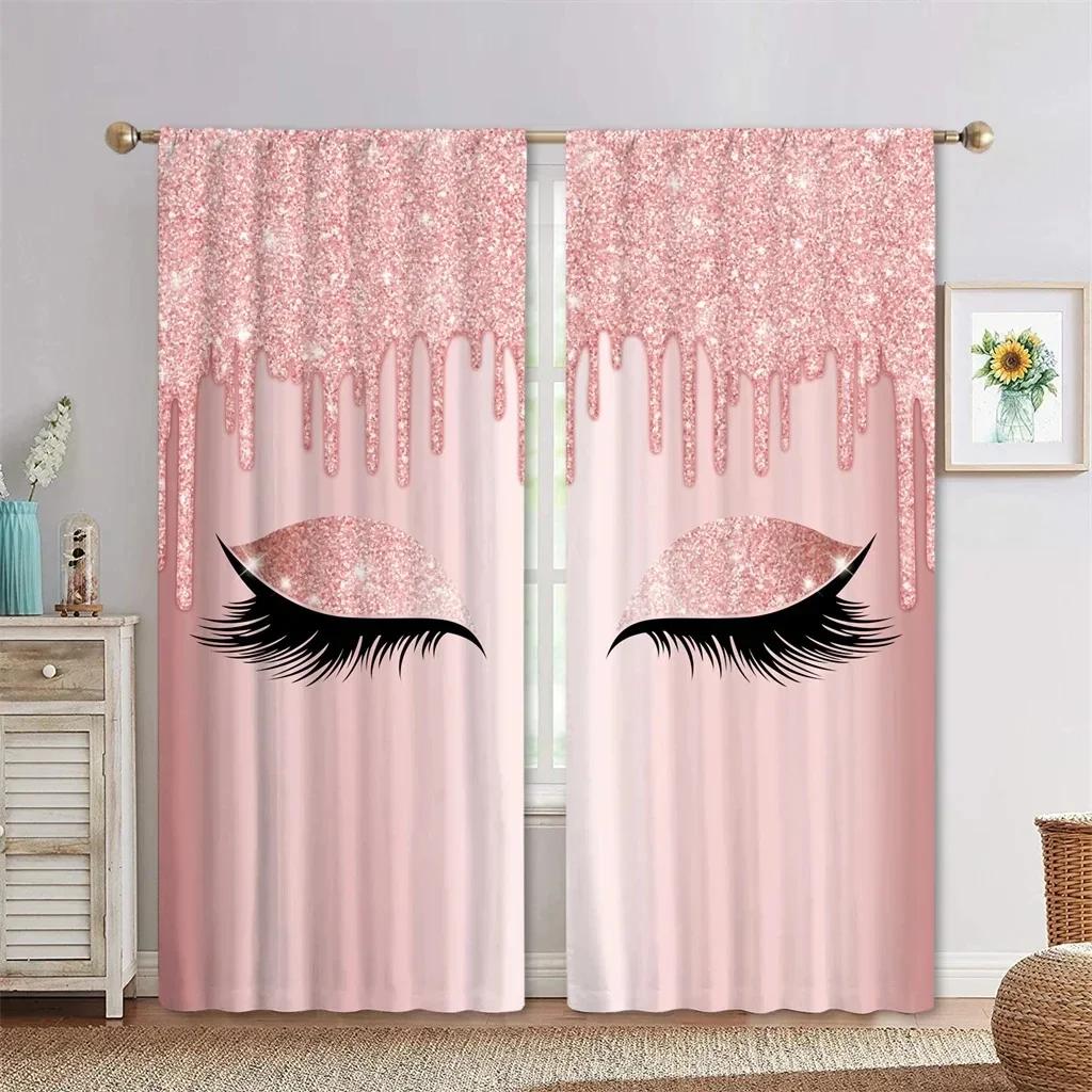 3D Pink Blue Yellow Eyelash Eyes Thin Shading Curtain for Living Room 2Pieces Kids Bedroom Children WindowsBathroom Decor Hooks for daily use