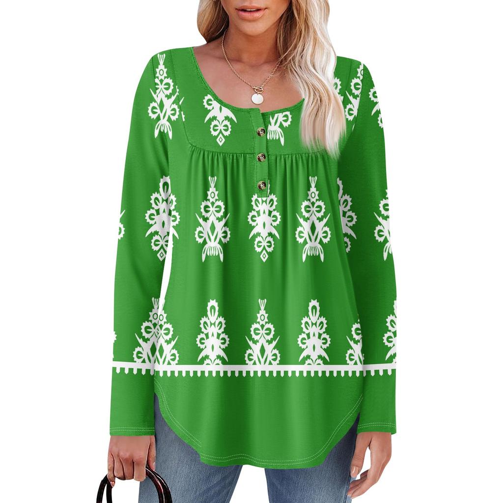 Women's Long Sleeve Tunic Loose Tops Casual Oversized Tops Pleated Tunic Button Down Casual Women's Print Tops