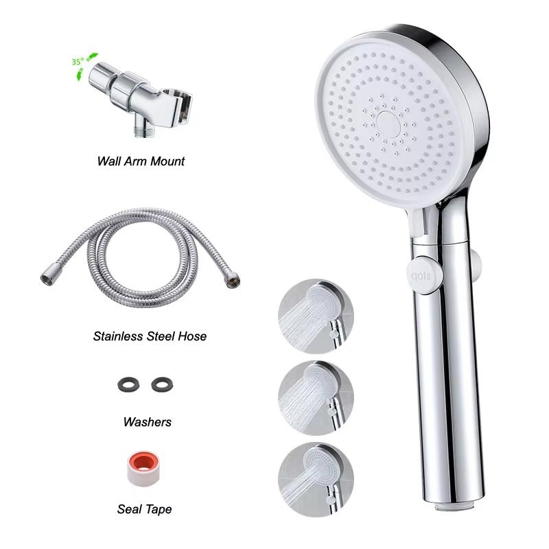 Handheld Shower Head Kit 3 Functions Chrome Shower Head with Hose and Bracket Modern Design Easy Installation Bathroom