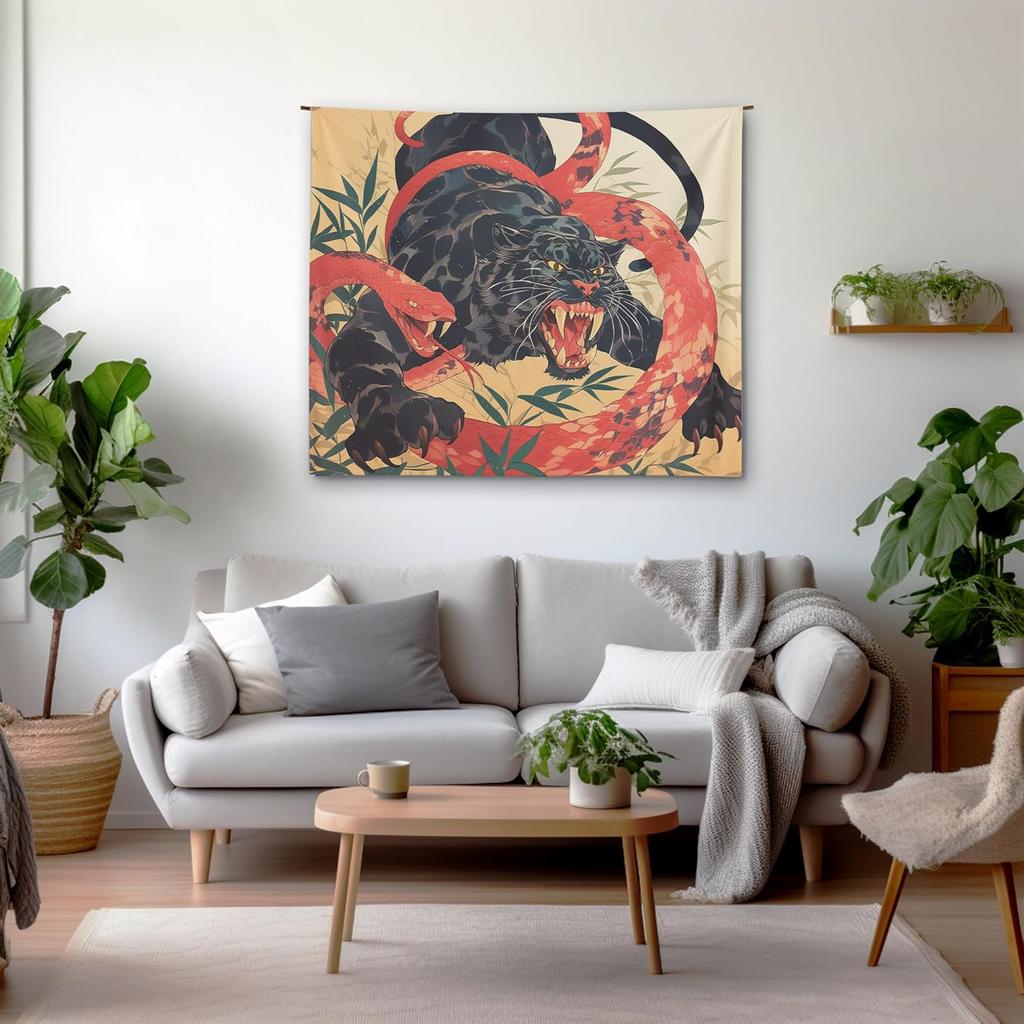 Japanese Style Black Panther And Red Snake Tapestry For Men – Fierce Old School Tattoo Wall Art, Vintage Asian Bamboo Jungle