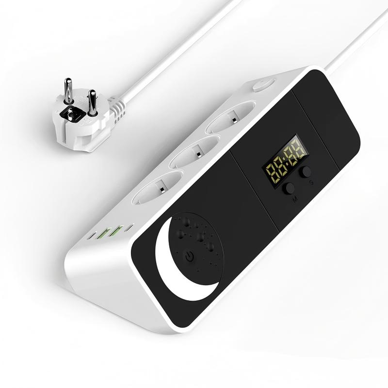 EU Angle Extension Power Strip With Night Light Clock 2 USB 2 Type‑C Ports for Desktop Home Indoor Application 1