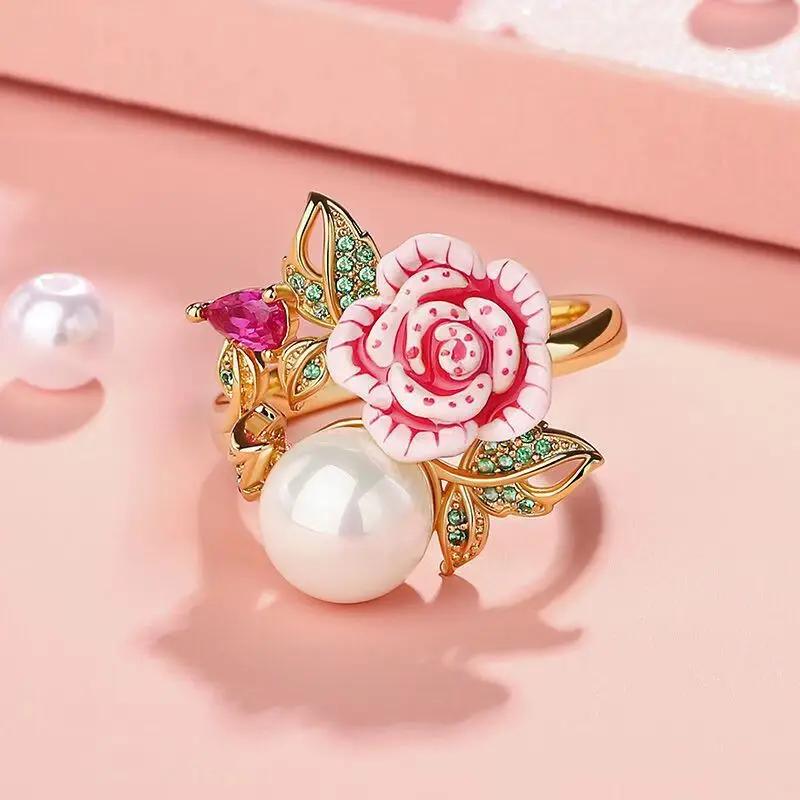 Forest-themed small oil-dripping pearl flower earrings, fresh and sweet butterfly heart ring 8