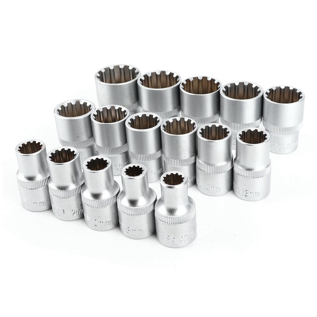 16pcs 12in DR. SAEMETRIC Spline Socket Set Mirror Nickel Finish 12?Corner Universal