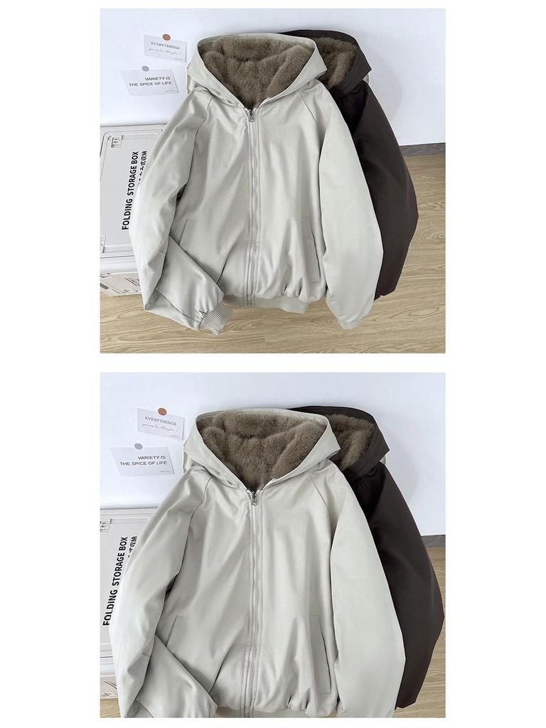 Unisex Reversible Hooded Cotton Jacket with Thick Velvet for Winter