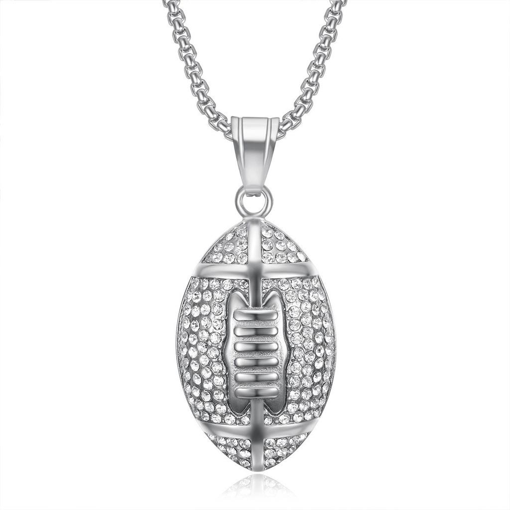Rugby Zircon Pendant Stainless Steel Box Chain Men's Hip Hop Necklace Jewelry