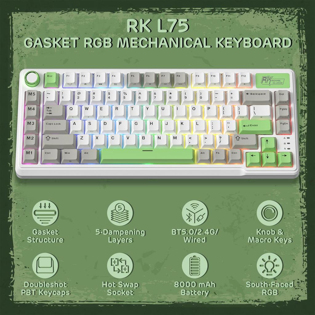 RK ROYAL KLUDGE L75 Mechanical Keyboard with Gasket Assembly, ButtonsMacro Keys, Touchable Nameplate, Tri-Mode BT2.4GUSB-C 75% TKL Wireless Keyboard,