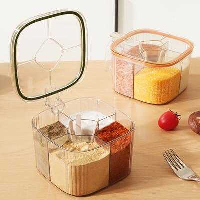 1Pcs Multi-grid Salt Seasoning Box With Spoons And Sealed Lid Transparent Spice Jar Chili Powder Sugar Bowl Outdoor Tableware