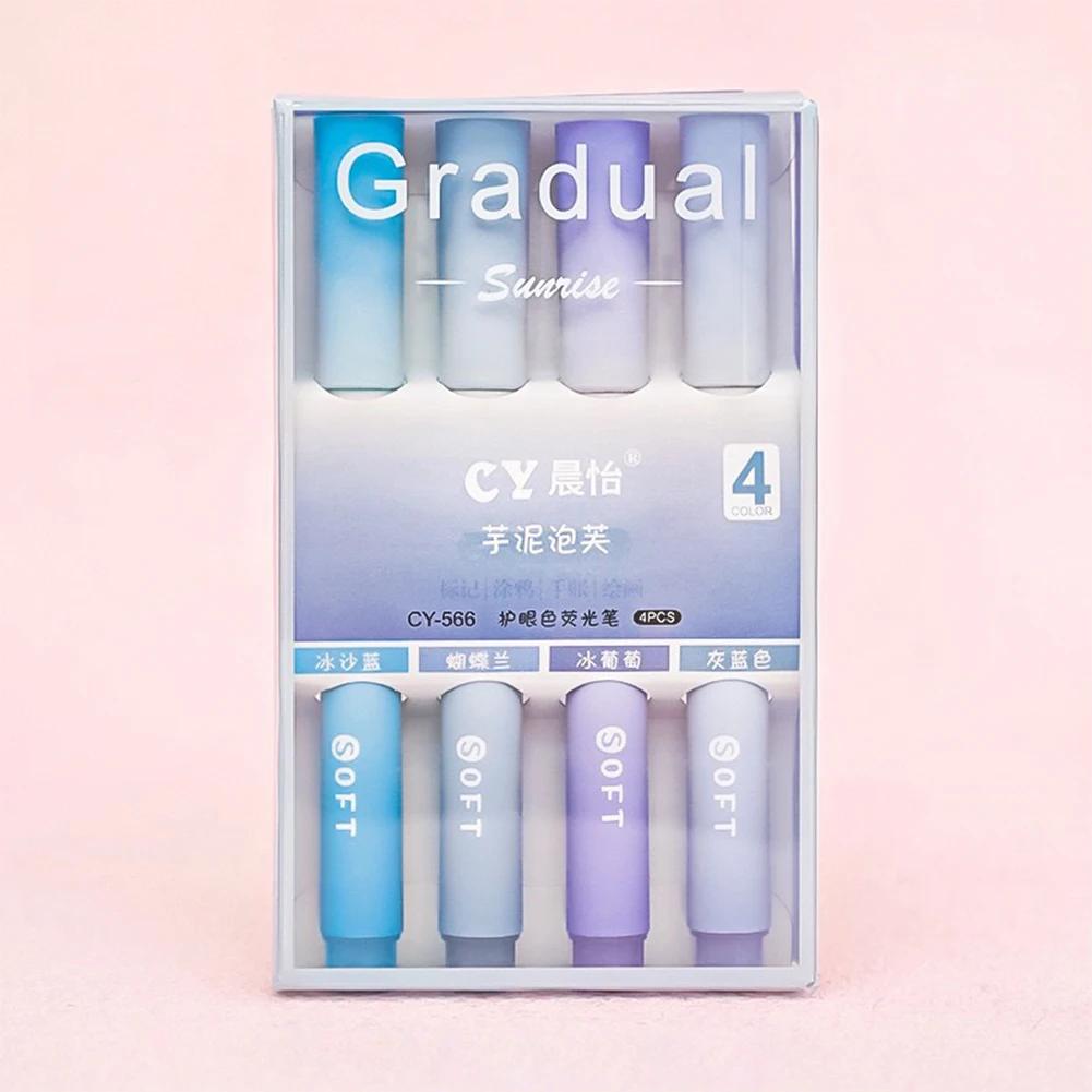 4Pcs/set Macaron Highlighters Color Gradient Highlighter Pens Kawaii Stationery Students Marker Pen Cute School Office Supplies