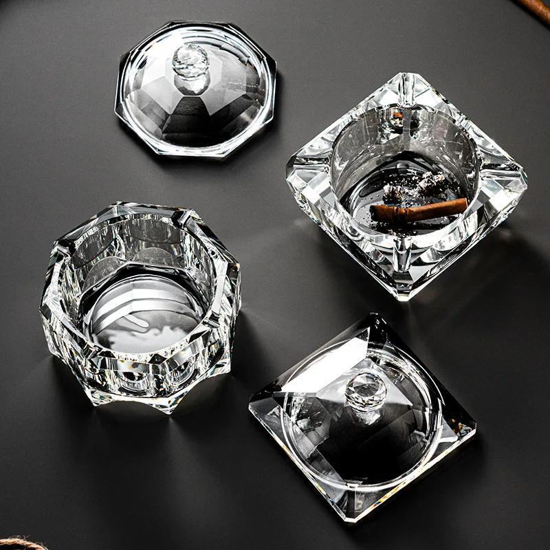 Luxury Crystal Glass Ashtray with Lid Household Wind and Fly Ash Cigar Ashtray Living Room Home Decoration Cigar Accessories