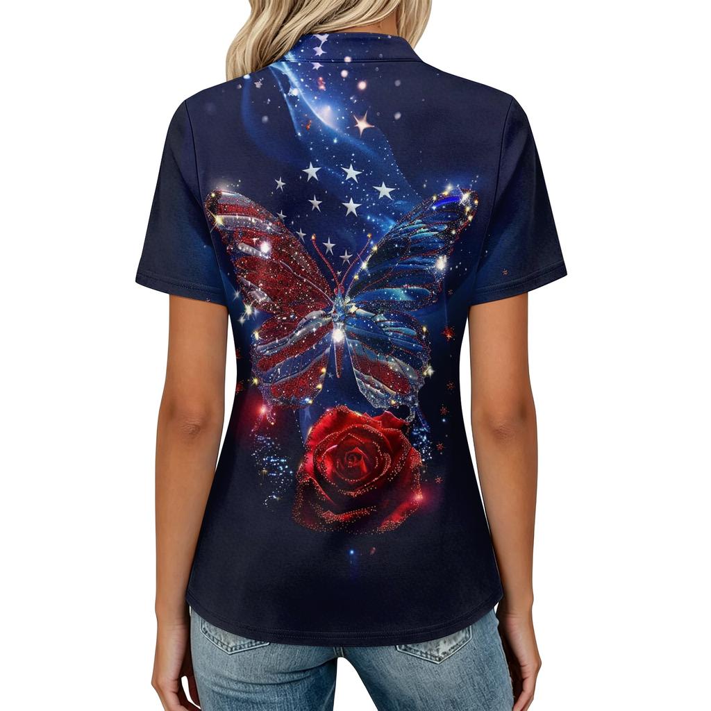 Women's Casual Polo Shirt Short Sleeve Loose Fit Button Up Top with Butterfly and Rose Print Suitable for Everyday Wear