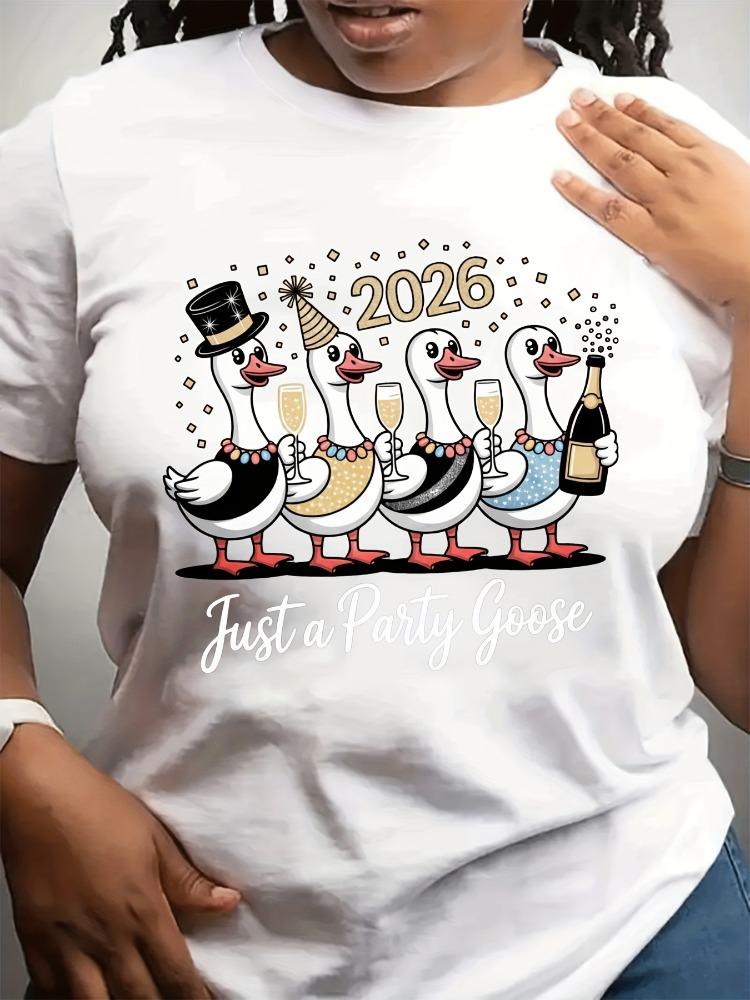 Womens Crew Neck Casual Sports TShirt New Year Party Style 2026 Duck Print Womens Holiday Outfit New Year Gathering Shirt Top