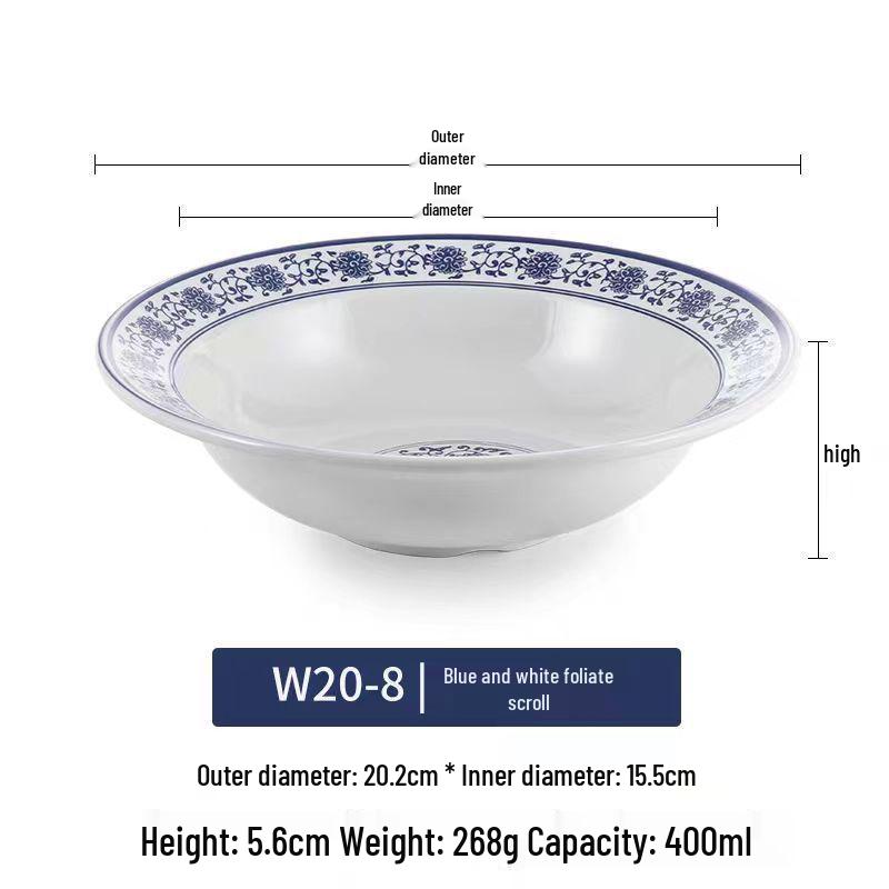 Сине-белая меламиновая суповая тарелка - Имитация коммерческого фарфора, Большой пластиковый таз для отелей и ресторанов
