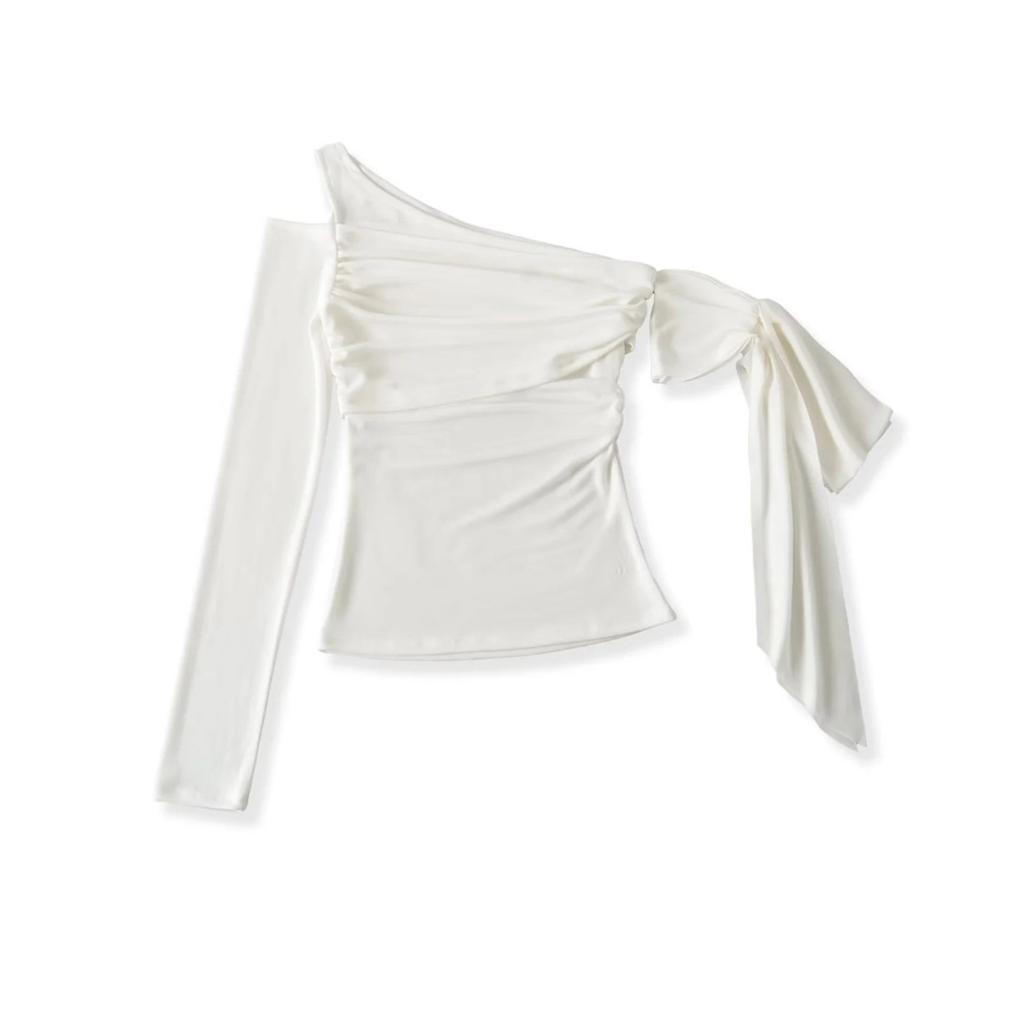 Women's Off Shoulder Long Sleeve Twist Knot Top Slim Fit Solid Color Casual Sexy Pullover