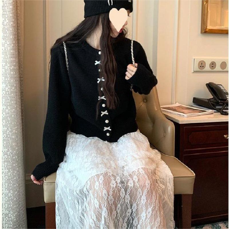 Spring and Autumn Butterfly Knot Cardigan Sweater Women Elegant Pearl Button Korean Style Sweet Jackets Light Yellow Knitted Coats Round Neck Shirts
