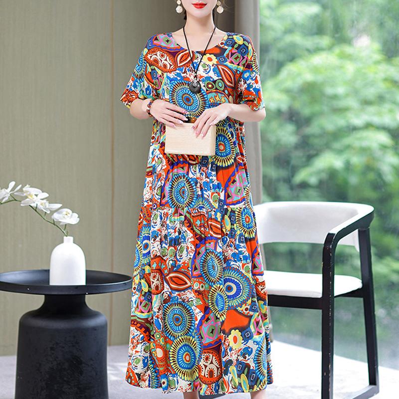 Damenkleid, Sommer, Vintage-Kleidung, lässig, kurzärmelig, langes Kleid für Damen, Sommer-Outfit