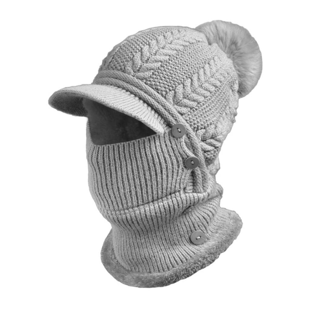 Winter cold weather knit neck warmer with fur pom pom brim all-in-one