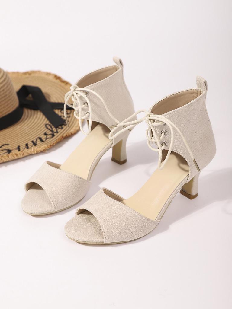 Plus Size Summer Peep Toe Chunky Heel Lace-up Sandals with Back Strap and Jewelry Accents (Size 36-43)