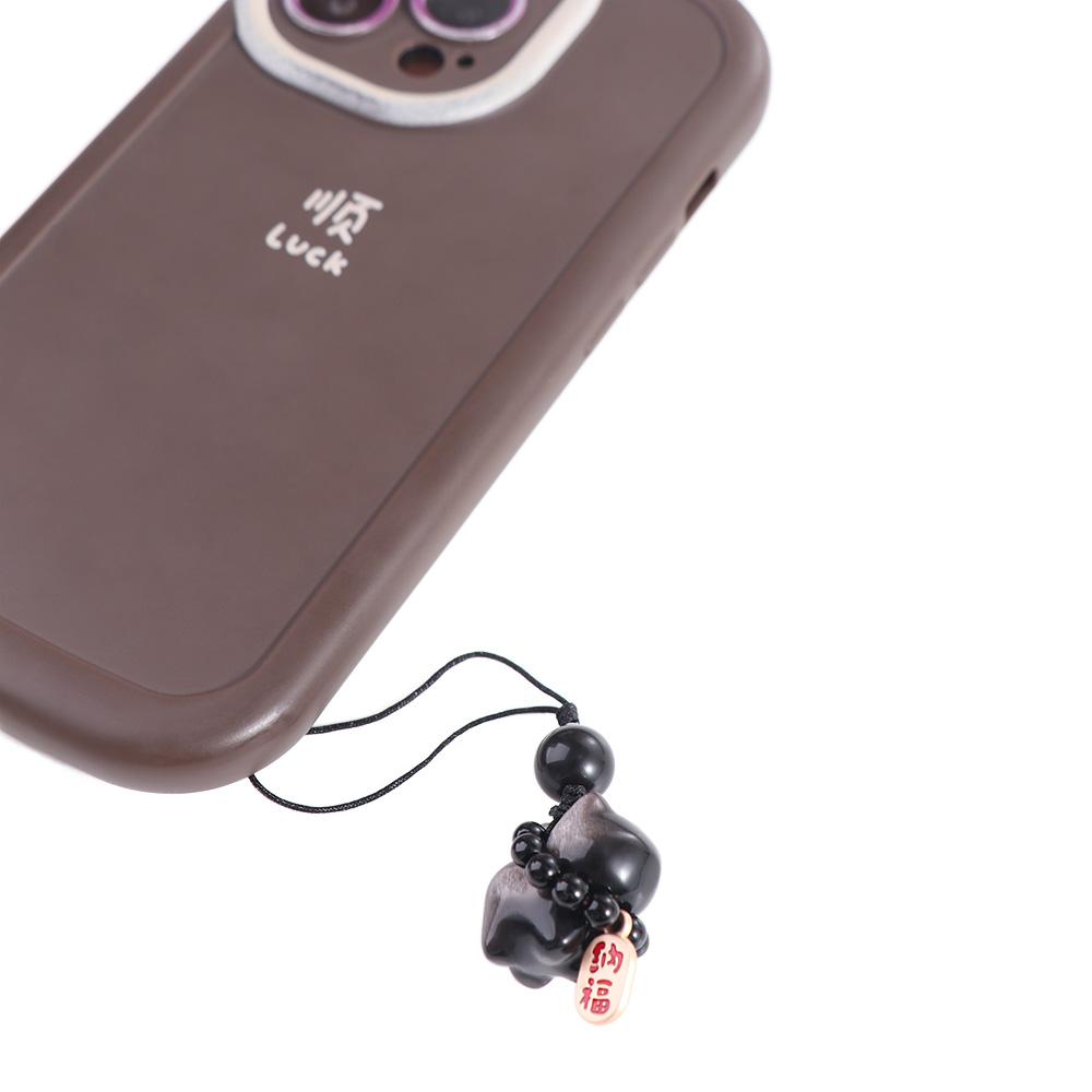 Silver Obsidian Cat Bag Charms Stone Car Key Ring Cute Lucky Cat Braid Rope Pendant  Small Gifts